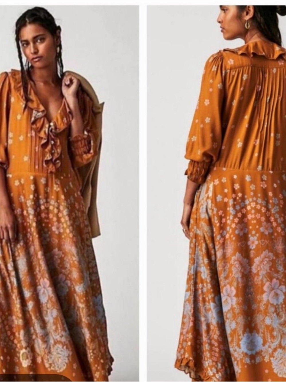 Free People Mustard Floral Ruffle Maxi Dress